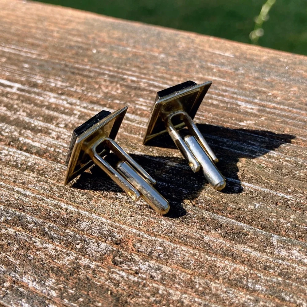Vintage Black Glass Etched Saxophone Silver Tone Cufflinks